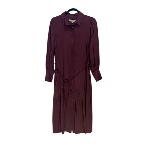 LOFT Burgundy Pleated Tie Waist Midi Shirtdress Size 6P NWT - Picture 4 of 10